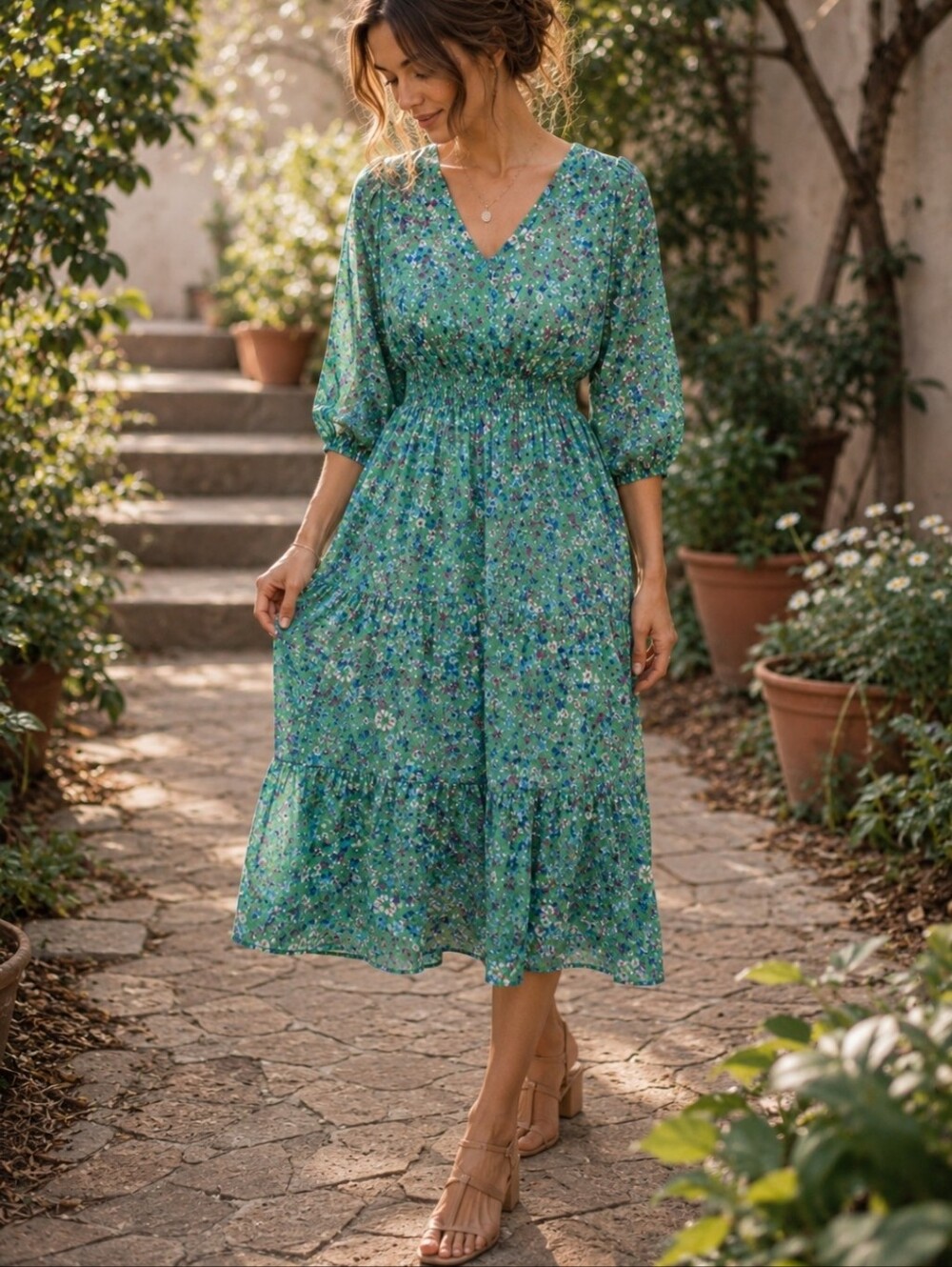 Maison Tara Fairycore Green Floral Midi Dress Sz 6 Cottagecore Garden Party Boho